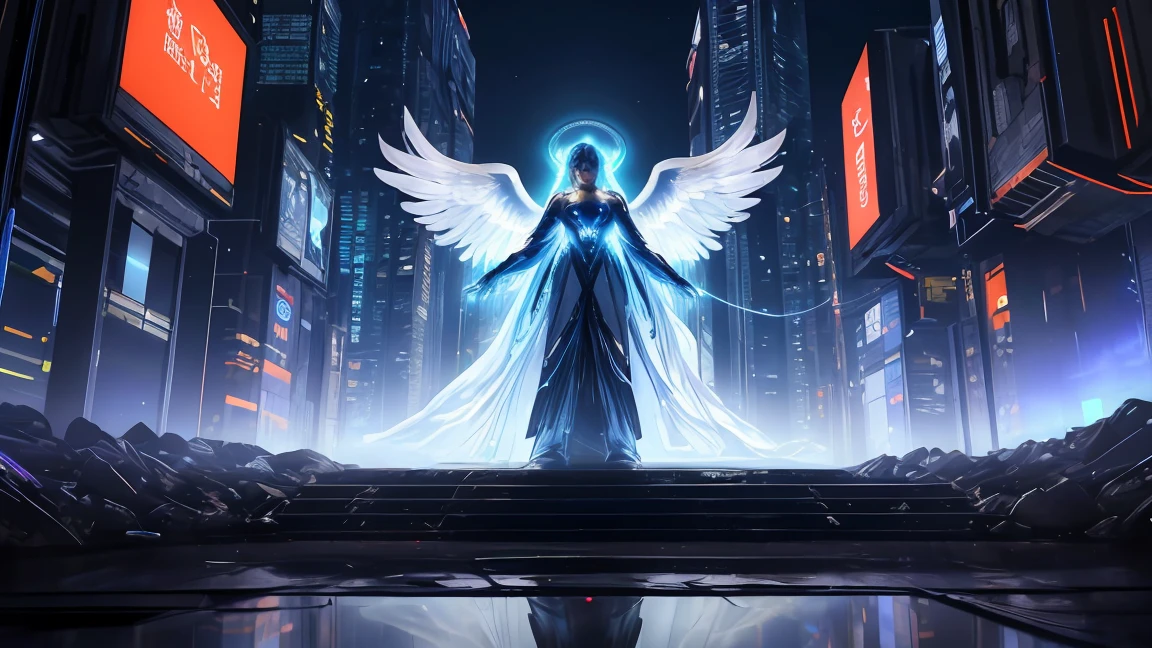((masterpiece, Highest quality, Best image quality, High resolution、８ｋ)) There is a giant angel in the center of the screen.、Huge white wings、Glowing halo。Wearing a flowing ethereal robe、god々Shining with a bright light。Glowing blue eyes and advanced cybernetic enhancements. Seen in dynamic action poses, reflection on a smooth surface. The cityscape below is filled with towering skyscrapers., illuminated by colorful holographic advertisements, Shining with blue energy, Mighty power. The overall atmosphere is dark and mysterious., It had a futuristic techno vibe.. The lighting is dramatic, Intense highlights and deep shadows, Creates depth and tension