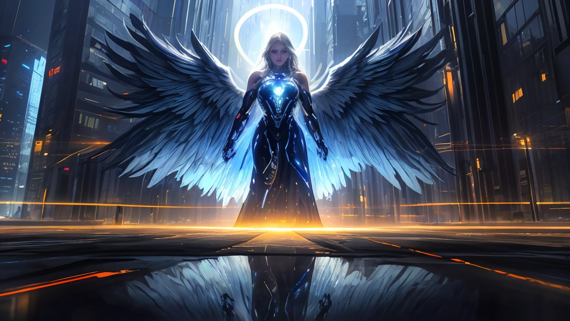 ((masterpiece, Highest quality, Best image quality, High resolution、8k)) There is a giant angel in the center of the screen.、Huge white wings、Glowing halo。Wearing a flowing ethereal robe、god々Shining with a bright light。Glowing blue eyes and advanced cybernetic enhancements. Seen in dynamic action poses, reflection on a smooth surface. The cityscape below is filled with towering skyscrapers., illuminated by colorful holographic advertisements, Shining with blue energy, Mighty power. The overall atmosphere is dark and mysterious., It had a futuristic techno vibe.. The lighting is dramatic, Intense highlights and deep shadows, Creates depth and tension