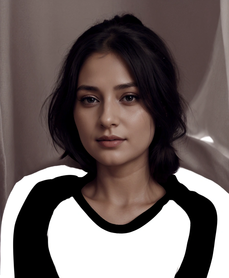 arafed picture of a woman with a black and white shirt, potrait, digital art but photo,
