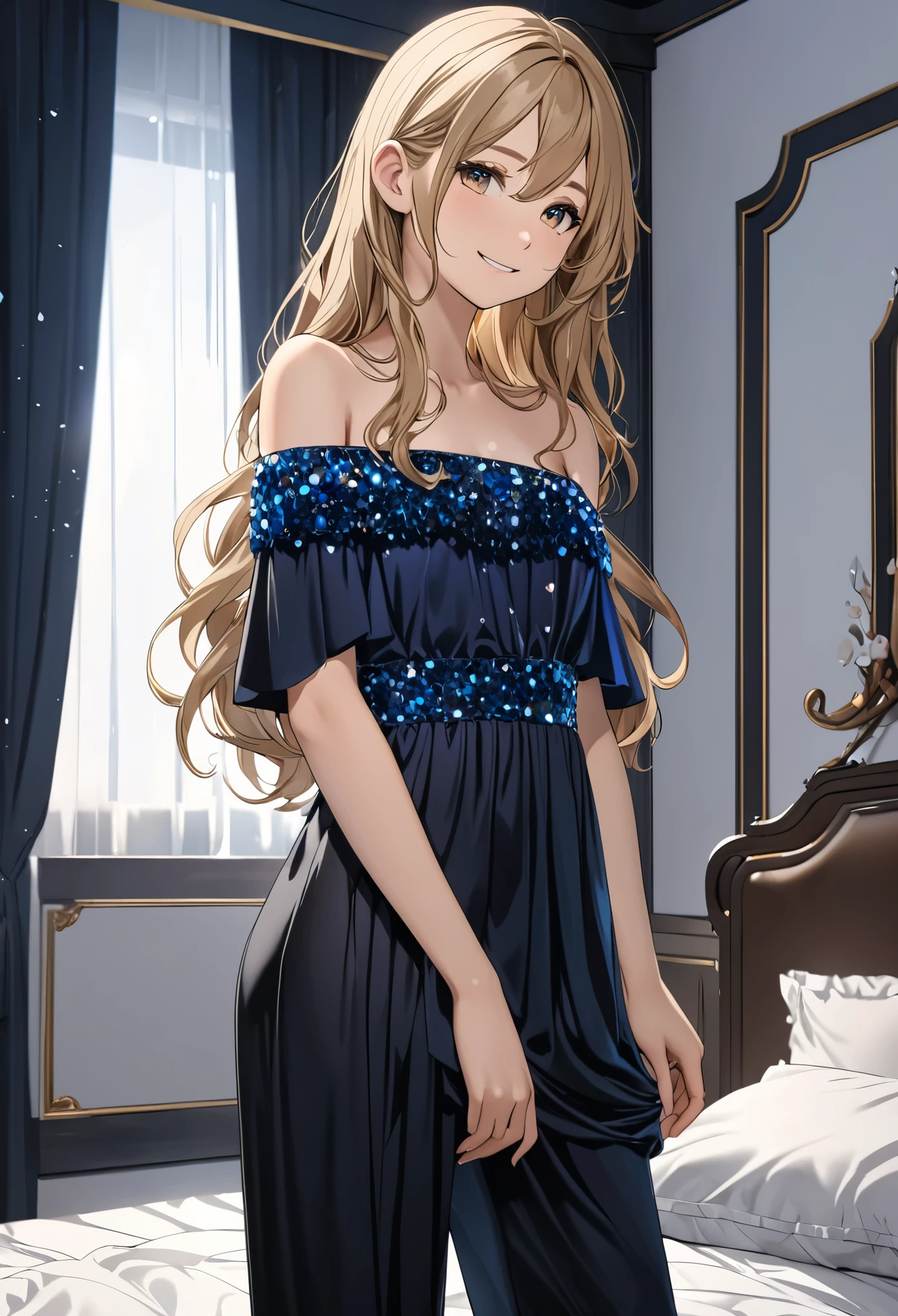 (masterpiece), (high resolution, 8k), (high detailed), girl, 20age, tall, petite, (wavy long hair (dark blonde)), beautiful face, tired smile, small breast flat, ((dark blue crystal themed, short draped dress)), ((draped black colored pants)), standing on bedroom,fcNeg