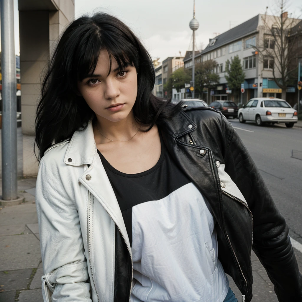 1980s Kodak photo of a young 25 year old rock girl with black
hair wearing a white shirt and (black leather jacket), in cologne , photography by nan goldin, faded, film grain, cross processed image