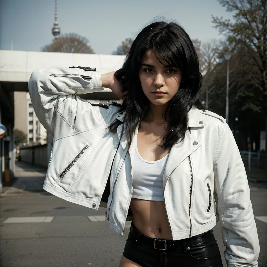 1980s Kodak photo of a young 25 year old rock girl with black
hair wearing a white shirt and (black leather jacket), in cologne , photography by nan goldin, faded, film grain, cross processed image