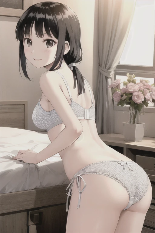 View your viewers, 
Black Hair,(Tied Hair,Blunt bangs:1.2), Small breasts, blush、smile、Backwards、look back、
((bra、Panties)), (Highest quality:1.3),One girl、Western-style room、Bed、Sexy pose、Pantiesを脱ぎかけてる