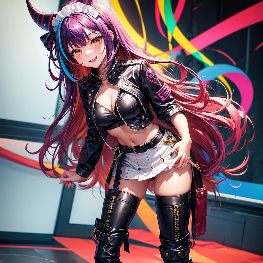 bangs down,beautiful girl,Maid clotheasterpiece,Standing posture,Hands in pockets,perfect face,perfect breasts,long hair,Long leather trousers,Colorful clothes,Outstanding style,stimulating,Cute outfits,Horny girl,double eyelid,Naughty Girls,Erotic and cute,mini skirt,ribbon on uniform,colorful hair color,yellow eyes,leather jacket,horny girl,Knee-high boots,
Colorful,multicoloured,future fashion,smile,,zipper bra,Multicolored clothing