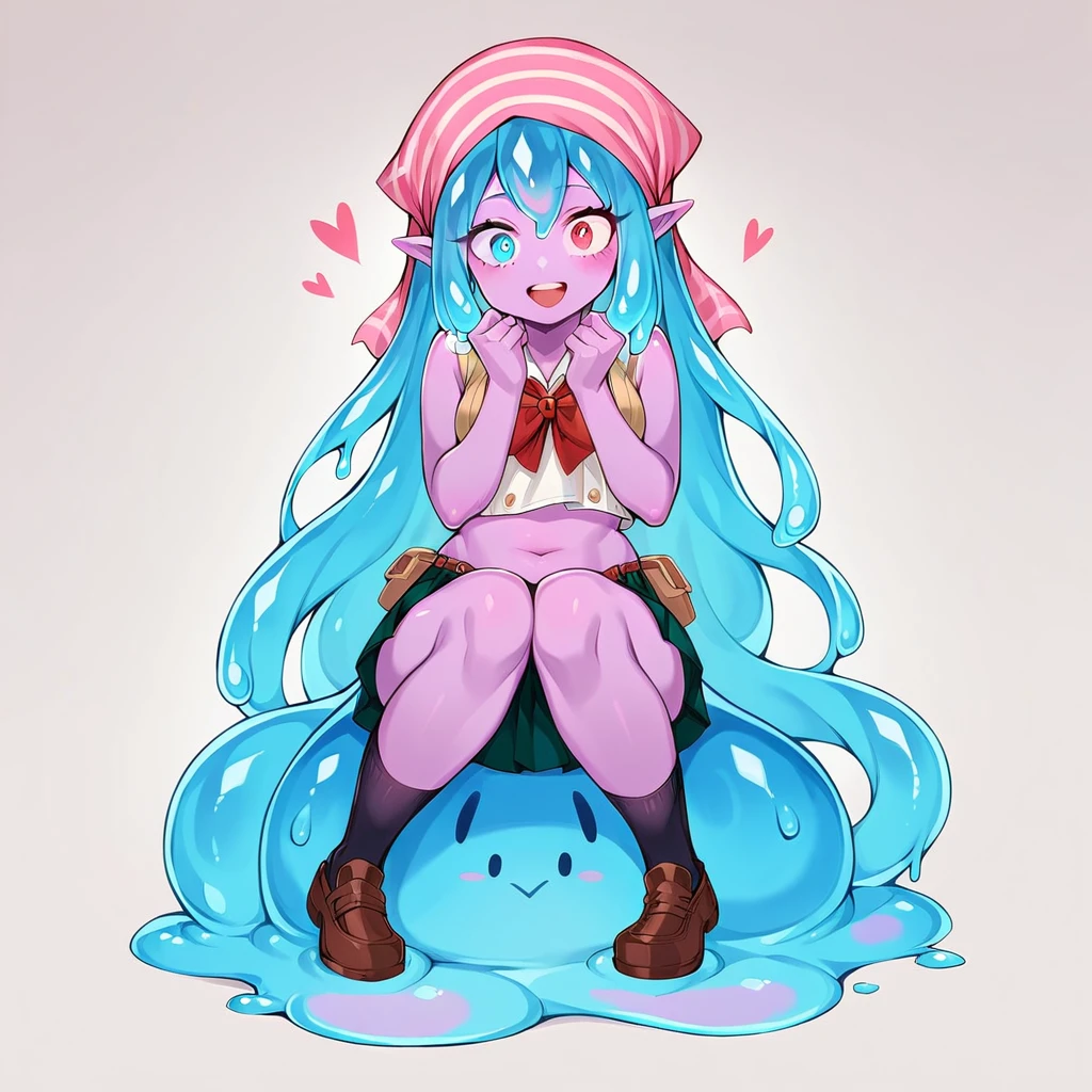 score_9, score_8_up, score_7_up, score_6_up, score_5_up, score_4_up, source_anime,1Girl, Opal is a slime girl, she has pointy elf ears, and short pink tentacle hair, she has pinkish purple skin covered in pink and blue slime, she has Heterochromia iridum, her left eye is pink, and her right eye is blue, Opal wears crop tops, and , she wears socks with ruffles on them, her shoes are black maryjanes, she wears a headscarf, she has fairy wings on her back that are just now sprouting out, the slime is shiny, and sticky, she can control it, as well as the tentacles in her hair at will. 4’9, . , my hero academia, tentacles, school, depth of field, LUT, detailed, beautiful, cute slime girl. My hero academia school, Tentacle tail, Full body shot, , curvy. Tentacle hair. 