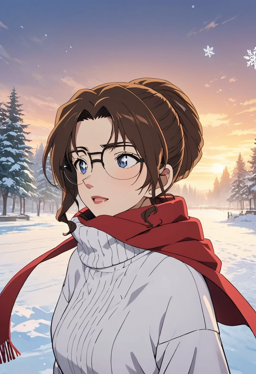(best quality,high resolution,masterpiece:1.4), Extremely detailed, Delicate face:1.3, White sweater, Red scarf, fashionable, winter, Snowflakes falling, Anime style，Brown hair，individual，full-body shot