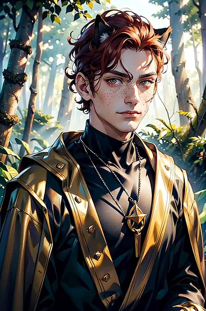 masterpiece, noise suppression, one man, Best quality, sharp image, permission 8k, male focus, sharp image, just concentrate, stunning composition, volumetric lighting, super quality, Very detailed, fantasy, adult man man with fox ears on his head, without human ears, with stubble on the chin, red curly hair, pale skin with freckles, yellow eyes, tricky glance, sly smile, clothing made from animal skins, In the woods