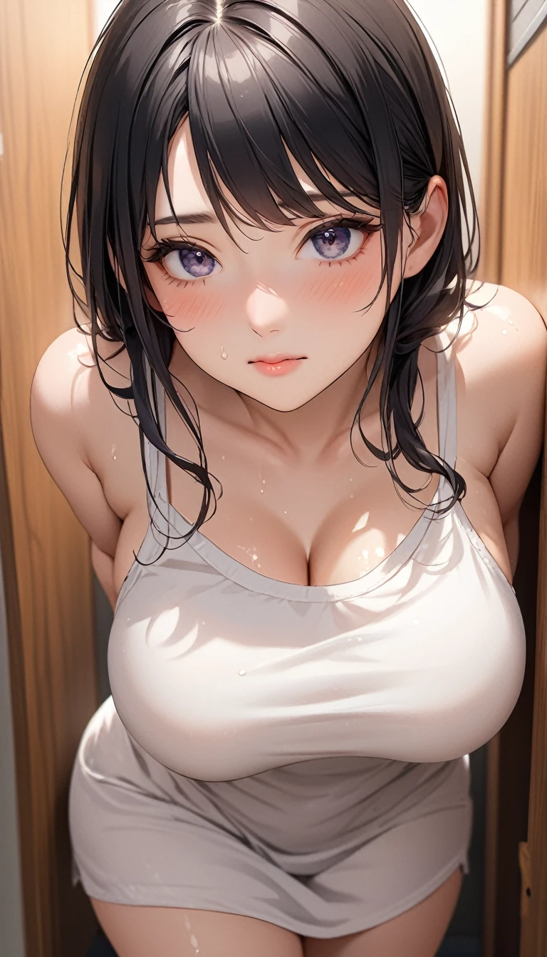 masterpiece, High resolution, perfect face, beauty of japan, 30 years old, beautiful face, locker room, after taking shower, embarrassed look, look at the camera, top quality eyes, detailed texture, look at me, little curvy, Married woman, cool women, high resolution eyes, black hair, under wear