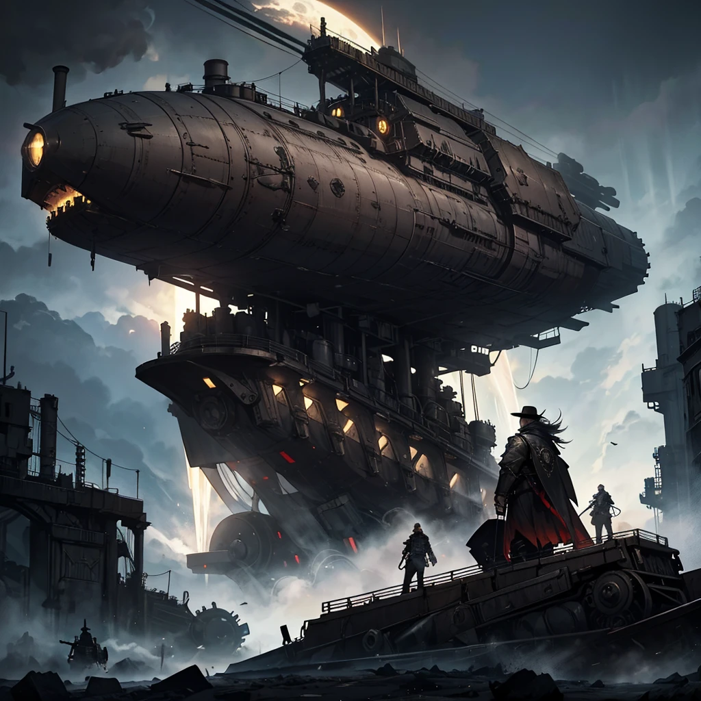 steam engine war dreadnought iron airship dark gothic style, dark atmosfere