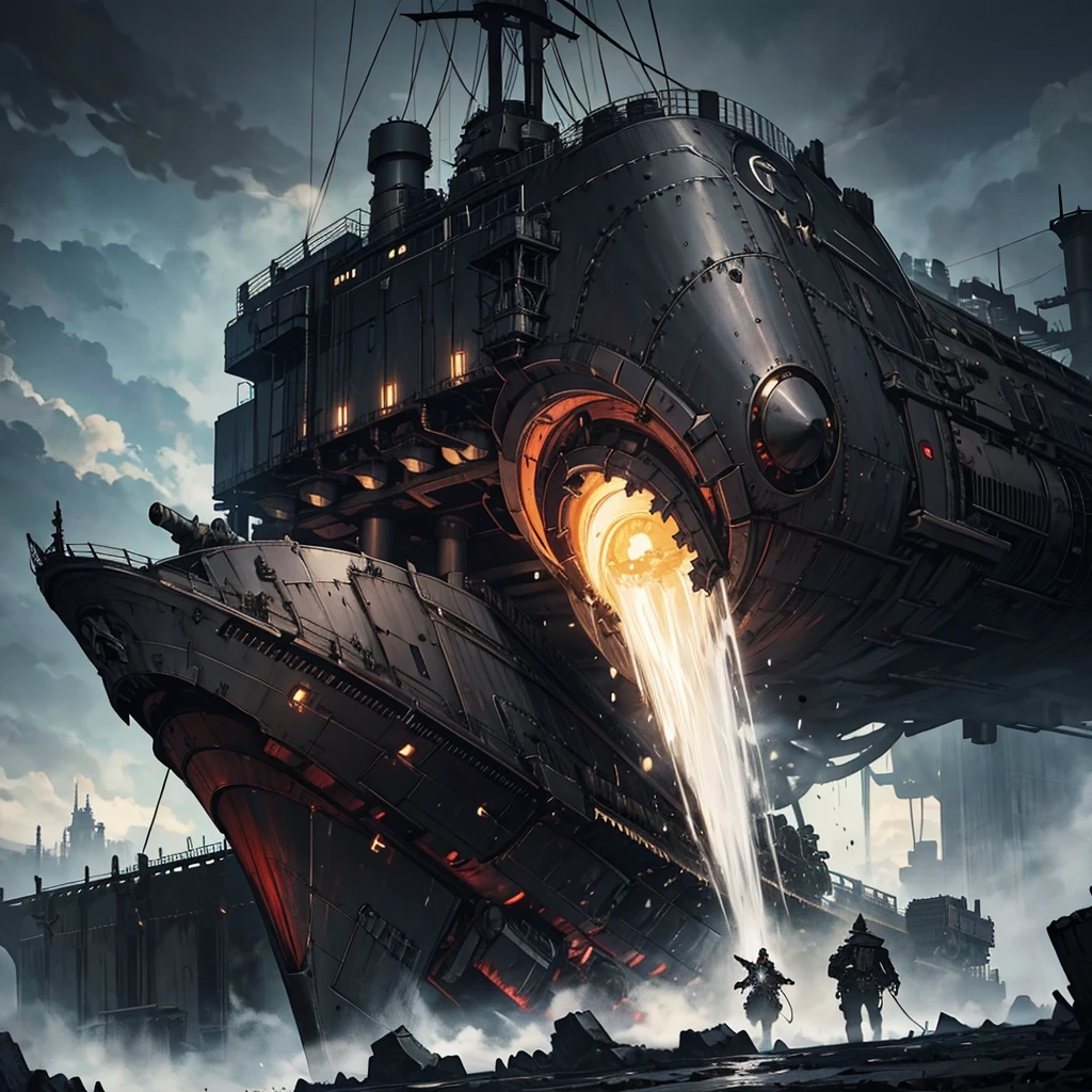 steam engine war dreadnought iron airship dark gothic style, dark atmosfere