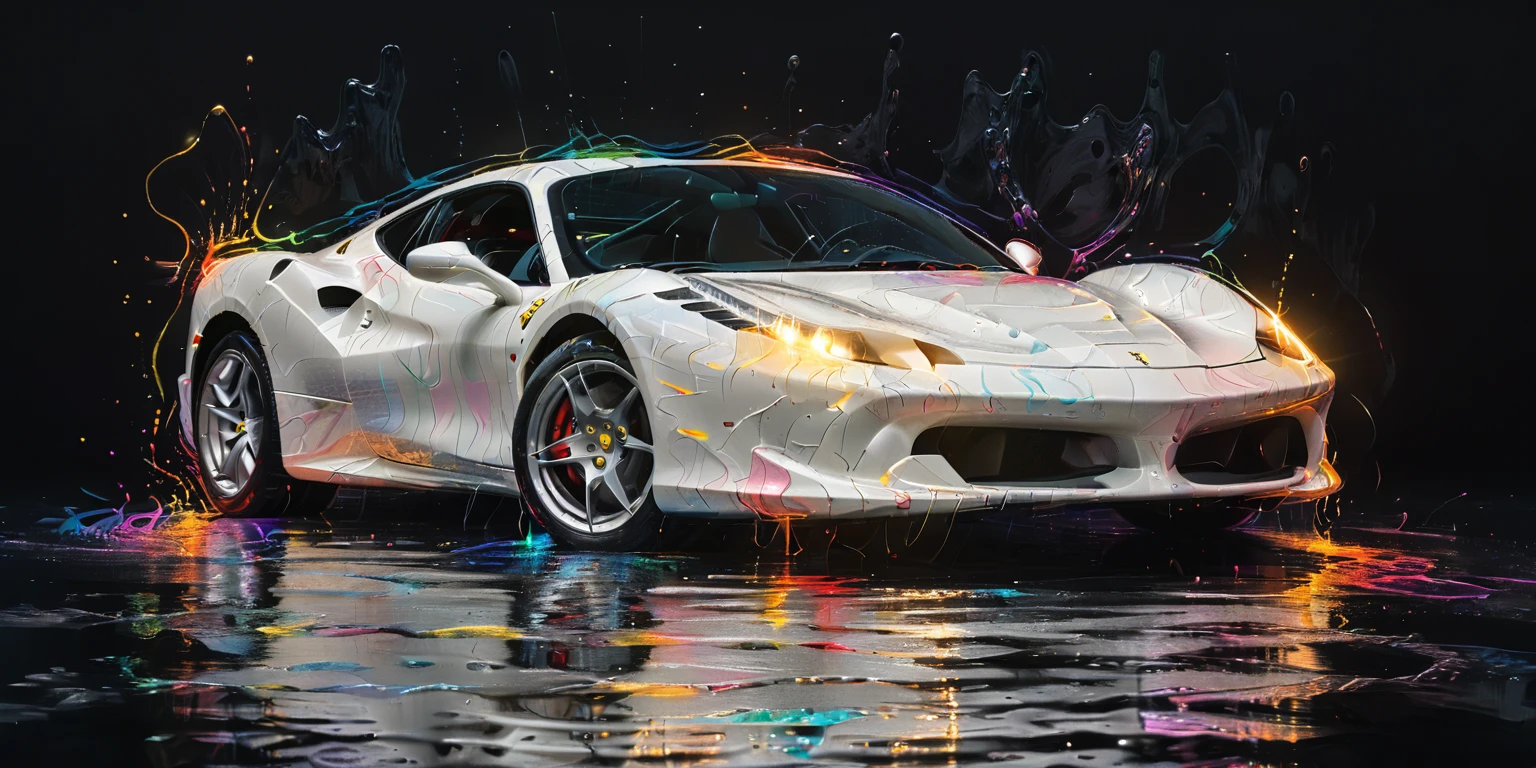 internal, a parked white Ferrari car, simplistic, black room, lights, highy detailed, cinematic, colorfully, sneezing, reflections, water, energy, flowy, ripples, engraved, fogo Artme, black backdrop