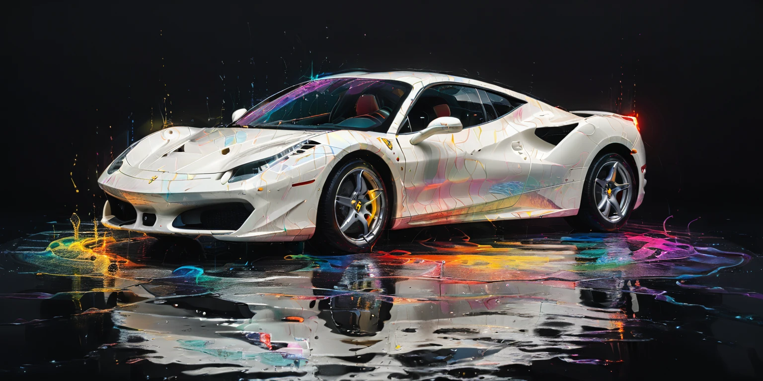 internal, a parked white Ferrari car, simplistic, black room, lights, highy detailed, cinematic, colorfully, sneezing, reflections, water, energy, flowy, ripples, engraved, fogo Artme, black backdrop