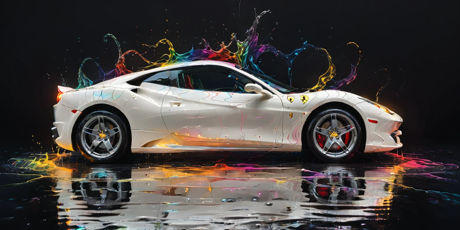 internal, a parked white Ferrari car, simplistic, black room, lights, highy detailed, cinematic, colorfully, sneezing, reflections, water, energy, flowy, ripples, engraved, fogo Artme, black backdrop