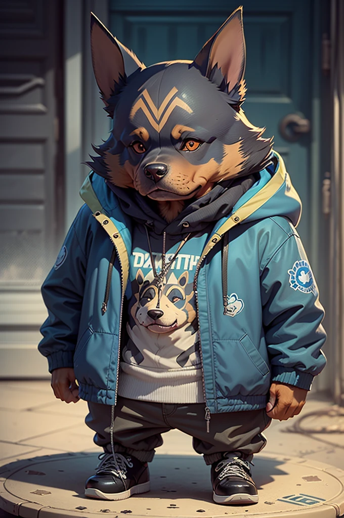 C4tt4stic, Cartoon Doberman dog in a skateboard with a blue jacket(Body hair is black、Details of the appearance of the Doberman)