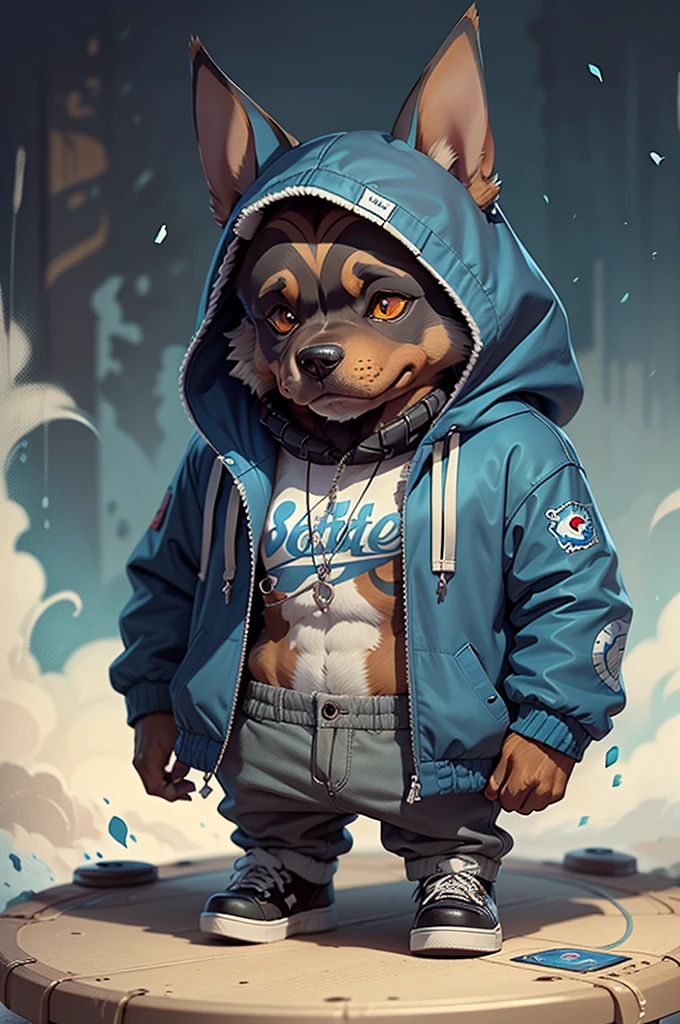 C4tt4stic, Cartoon Doberman dog in a skateboard with a blue jacket(Body hair is black、Details of the appearance of the Doberman)