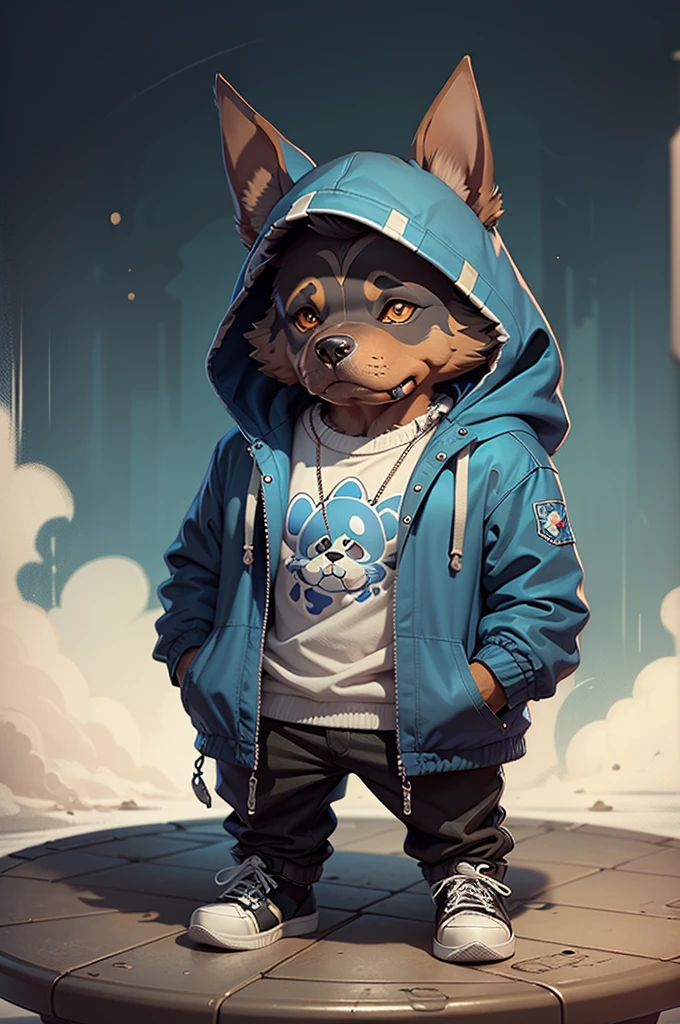 C4tt4stic, Cartoon Doberman dog in a skateboard with a blue jacket（Body hair is black、Details of the appearance of the Doberman）