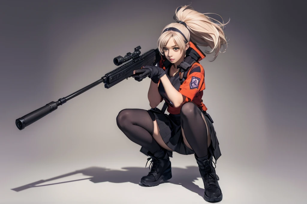 Elaizaikedareal, 1girl, solo, short hair, skirt, shirt, gloves, white background, bow, holding, , purple eyes, white shirt, weapon, purple hair, pleated skirt, shoes, black gloves, socks, bowtie, holding weapon, gun, sneakers, holding gun, armband, rifle, grey skirt, headset, assault rifle, grey gloves, load bearing vest