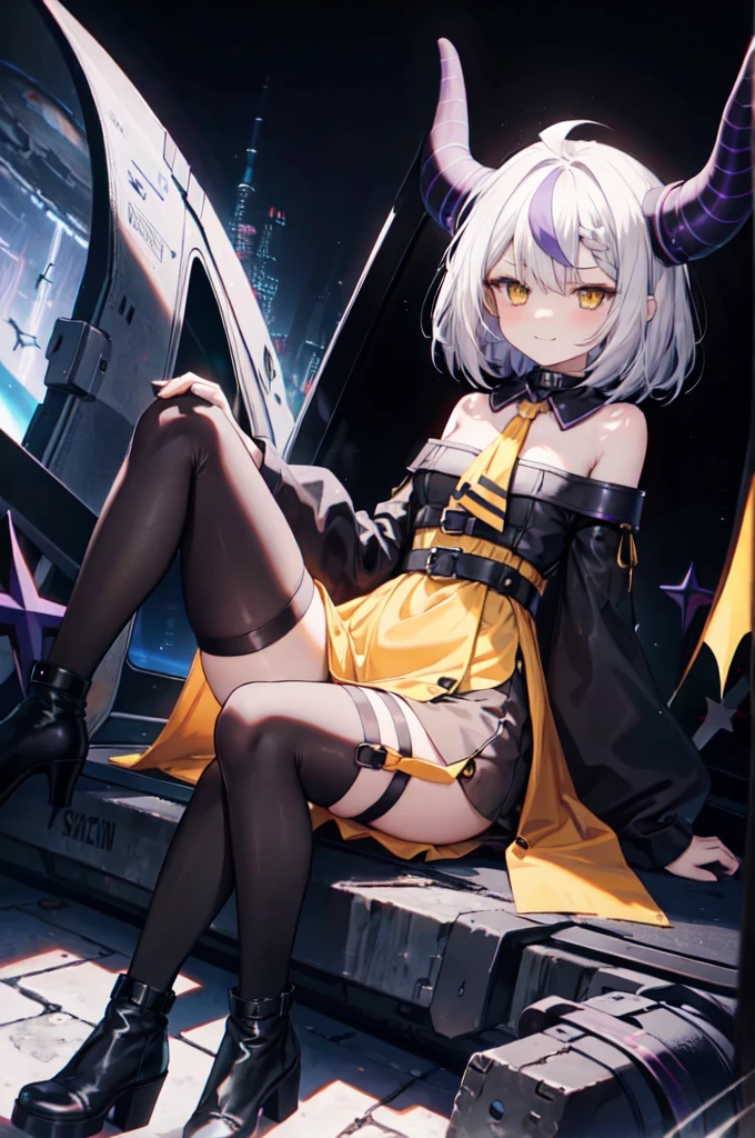 sleeves past wrists, sleeves past fingers, braid, Long sleeves, single leg pantyhose, yellow ascot, ascot, Black footwear, Dress, Metal collar, long boots, Black Dress, Collar, pantyhose, single thighhigh,Evil smile,Sitting on the ground looking at the planet, cyberspace, floating next to the planet, modern sci-fi animation