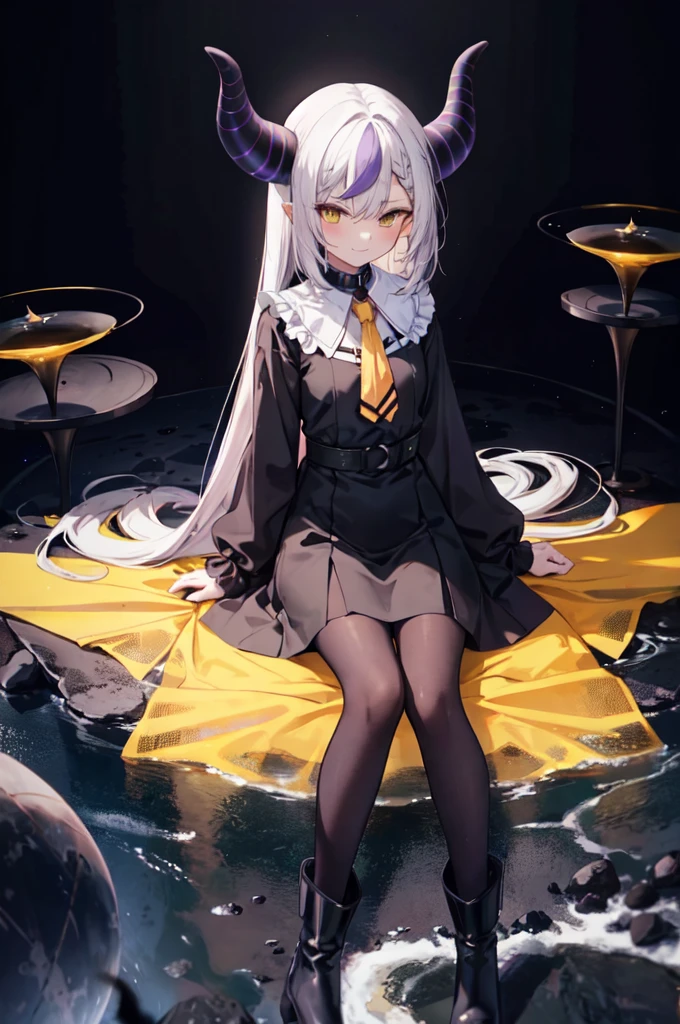 sleeves past wrists, sleeves past fingers, braid, Long sleeves, single leg hose, yellow ascot, ascot, Black footwear, Dress, Metal collar, long boots, Black Dress, Collar, panty single thighhigh,Evil smile,Sitting on the ground looking at the planet, cyberspace, floating next to the planet, modern sci-fi animation