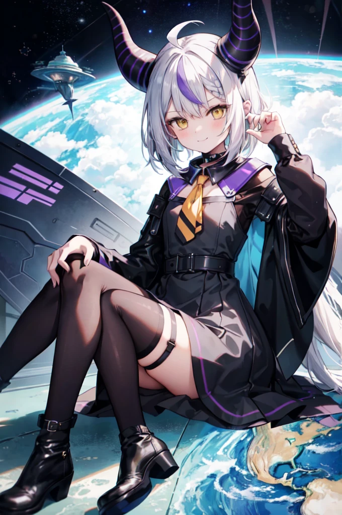 sleeves past wrists, sleeves past fingers, braid, Long sleeves, single leg pantyhose, yellow ascot, ascot, Black footwear, Dress, Metal collar, long boots, Black Dress, Collar, pantyhose, single thighhigh,Evil smile,Sitting on the ground looking at the planet, cyberspace, floating next to the planet, modern sci-fi animation