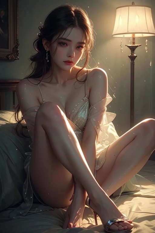 Sensual woman、Beautifully detailed eyes、Beautifully detailed lips、Highly detailed face、Long eyelashes、Graceful appearance、Gothic dresses、Soft lighting、Dramatic Shadows、A calming color palette、Cinematic composition、Photorealistic、(Highest quality) 、4K、8K、High Resolution、masterpiece:1.2)、Super detailed、(Real、Photorealistic、Photorealistic:1.37)、Black panties、Stiletto heels、sit、sensual pose、bold pose、The skin is damp、Sweating、
masochist、blush、Embarrassed、Expressions of ecstasy、Spreading legs with hands、Distorted facial expressions、Tears are flowing、Heavily wet、With water droplets
