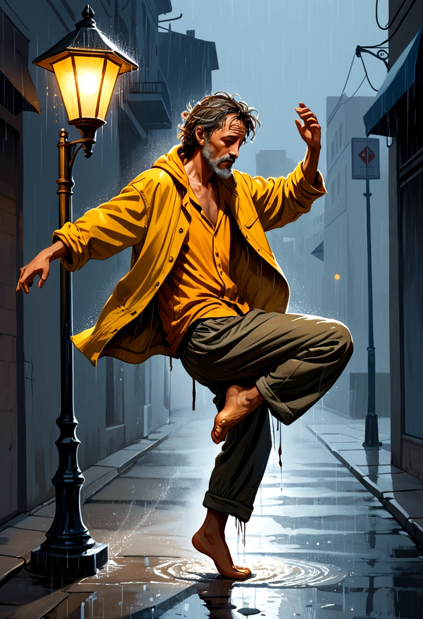 Soul Dancer Mark,A homeless man dancing alone in the rain under a street lamp，Barefoot，Loose and worn clothes，Professional Action，Splash，Light and Shadow，Minimalism，artistic conception，Clean background