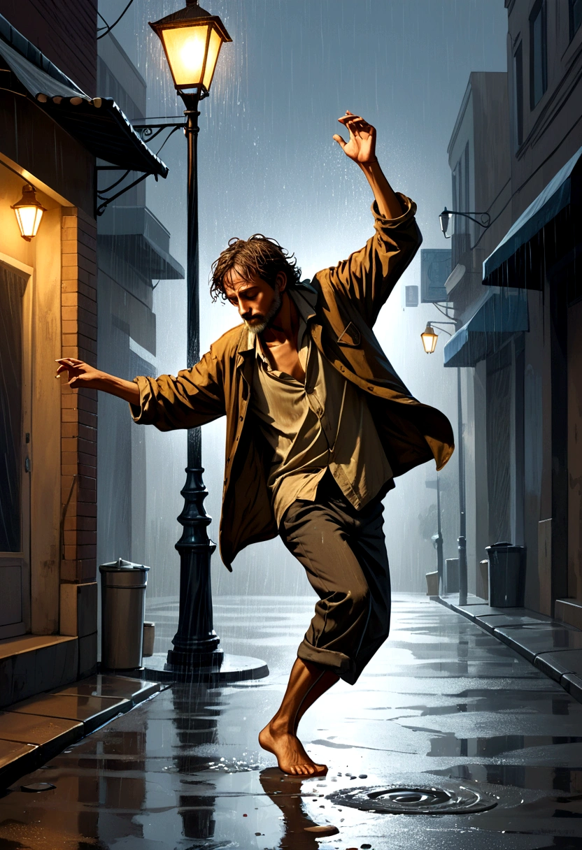 Soul Dancer Mark,A homeless man dancing alone in the rain under a street lamp，Barefoot，Loose and worn clothes，Professional Action，Splash，Light and Shadow，Minimalism，artistic conception，Clean background