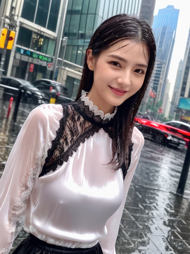 ((best quality, 8K, masterpiece: 1.3)),upper body,Black Hair, black eye,sharp focus: 1.2, beautiful woman with a perfect body: 1.4, ((ponytail, large: 1.2)), (small and beautiful hard (White long sleeve blouse with lace、Silk Tight darkmagenta long skirt), (wet from rain: 1.2), (rain, street: 1.2), wet body: 1.1, Highly detailed face and skin texture, detailed eyes, double eyelids, White skin,,E cup,smile,Financial district of the big city,Skyscraper,White skin,Wet Hair、Wet Skin、Wet clothes、smile、