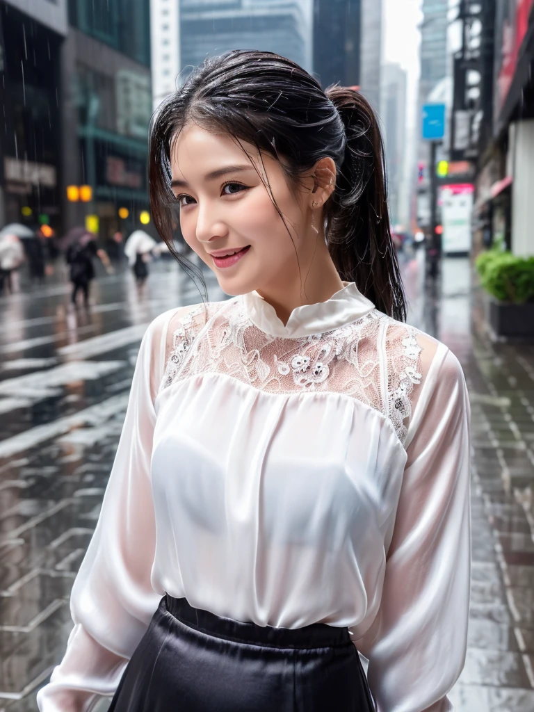 ((best quality, 8K, masterpiece: 1.3)),upper body,Black Hair, black eye,sharp focus: 1.2, beautiful woman with a perfect body: 1.4, ((ponytail, large: 1.2)), (small and beautiful hard (White long sleeve blouse with lace、Silk Tight darkmagenta long skirt), (wet from rain: 1.2), (rain, street: 1.2), wet body: 1.1, Highly detailed face and skin texture, detailed eyes, double eyelids, White skin,,E cup,smile,Financial district of the big city,Skyscraper,White skin,Wet Hair、Wet Skin、Wet clothes、smile、