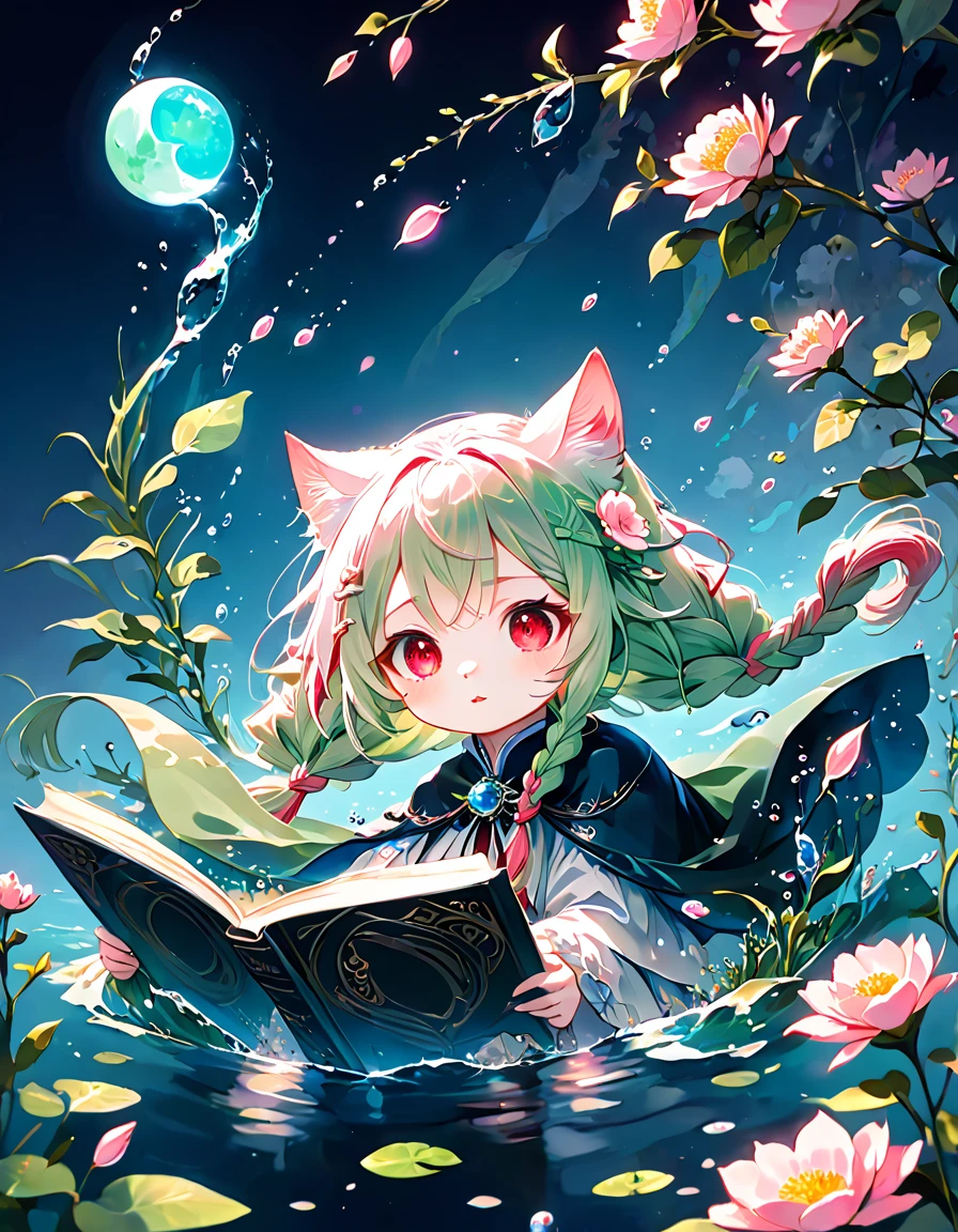 Absurd, High resolution, Super detailed, High resolution, masterpiece, Little white cat,Fish fins on either side of face,Expressive red eyes, With light pink hair2Book braid, cute, Highest quality, Pale green moon, Flowers, Fantasy, Magic, alone, water,美しいwaterしぶき , Blue petals, Cape,