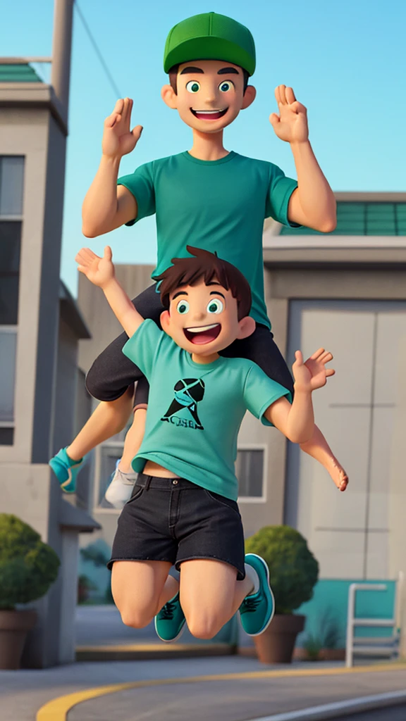 A man with big smile wearing teal green cap, and teal green t-shirt that writed "RUMAH ANDROID", black jeans, black shoes, crossing hand, 3d design character, body gesture happy, hands up jumping