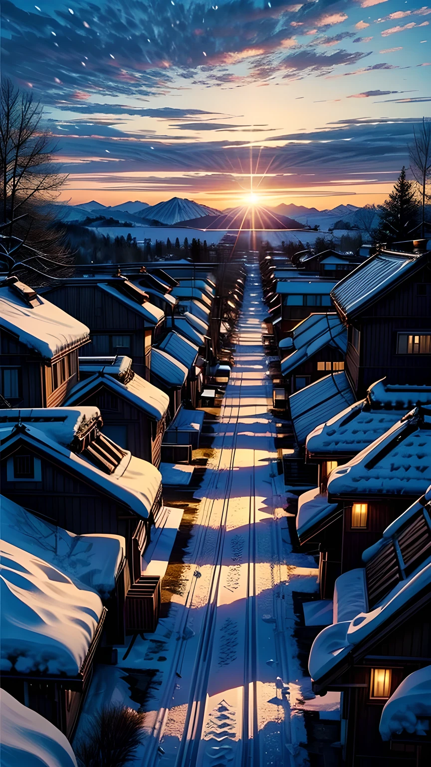 Snow,village,morning,sunrise,Look up,Maximum resolution,The most beautiful scenery。