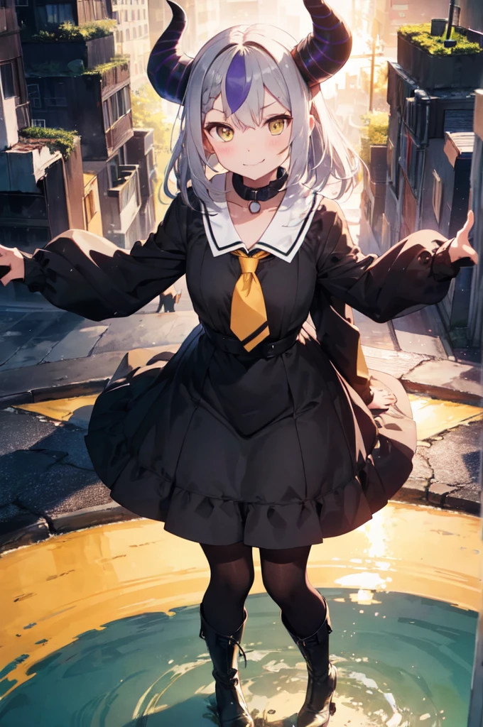 sleeves past wrists, sleeves past fingers, braid, Long sleeves, single leg pantyhose, yellow ascot, ascot, Black footwear, Dress, Metal collar, long boots, Black Dress, Collar, pantyhose, single thighhigh,Evil smile,Sitting on the ground looking at the planet, cyberspace, floating next to the planet, modern sci-fi animation