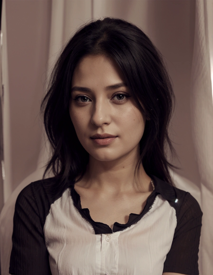 arafed picture of a woman with a black and white shirt, potrait, digital art but photo,