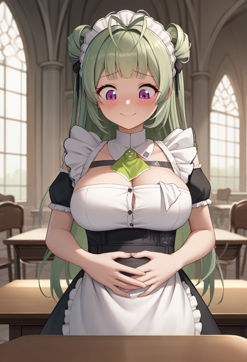 score_9, score_8_up, score_7_up, source_anime, BREAK 1girl, sdrnd, purple eyes, green hair, long hair, bangs, double bun, antenna hair, big breasts, blush, , smile, shy, embarrassed, smile, , maid, mansion, room, looking down, from bellow, seductive smile, hands on stomach, hands on own stomach, patting own stomach, table