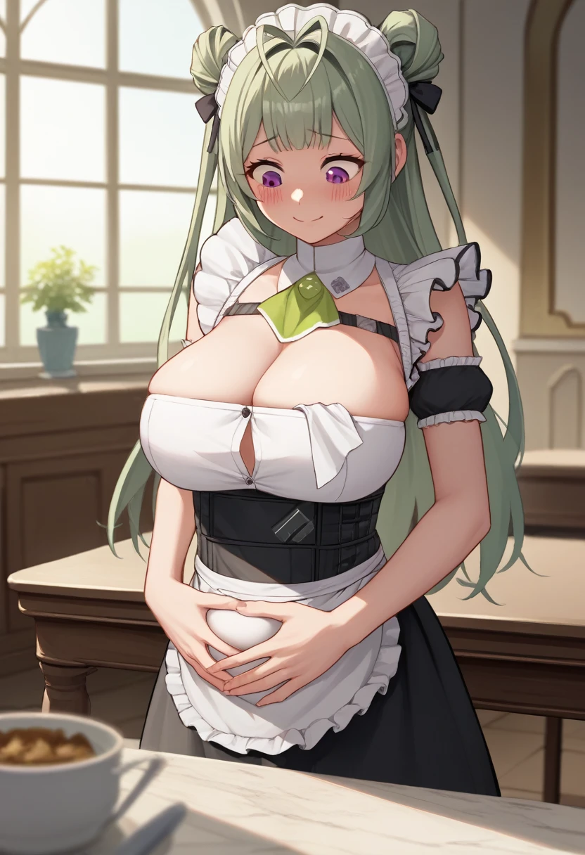 score_9, score_8_up, score_7_up, source_anime, BREAK 1girl, sdrnd, purple eyes, green hair, long hair, bangs, double bun, antenna hair, big breasts, blush, , smile, shy, embarrassed, smile, , maid, mansion, room, looking down, from bellow, seductive smile, hands on stomach, hands on own stomach, patting own stomach, table