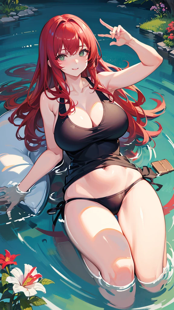 
Highest quality, shape, Very detailed, In detail, High resolution, 8k wallpaper, Perfect dynamic composition, Beautiful details, Center of chest, Natural color lip, Random sexy poses,smile,20-year-old girl,Huge ,A woman with long wavy red hair wearing a green tank top swimsuit