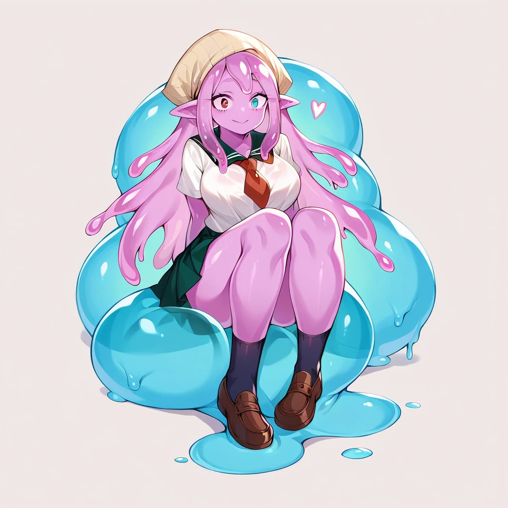 score_9, score_8_up, score_7_up, score_6_up, score_5_up, score_4_up, source_anime,1Girl, Opal is a slime girl, she has pointy elf ears, and short pink tentacle hair, she has pinkish purple skin covered in pink and blue slime, she has Heterochromia iridum, her left eye is pink, and her right eye is blue, Opal wears crop tops, and , she wears socks with ruffles on them, her shoes are black maryjanes, she wears a headscarf, she has fairy wings on her back that are just now sprouting out, the slime is shiny, and sticky, she can control it, as well as the tentacles in her hair at will. 4’9, . , my hero academia, tentacles, school, depth of field, LUT, detailed, beautiful, cute slime girl. My hero academia school, Tentacle tail, Full body shot, , curvy, mature, Tentacle hair. 