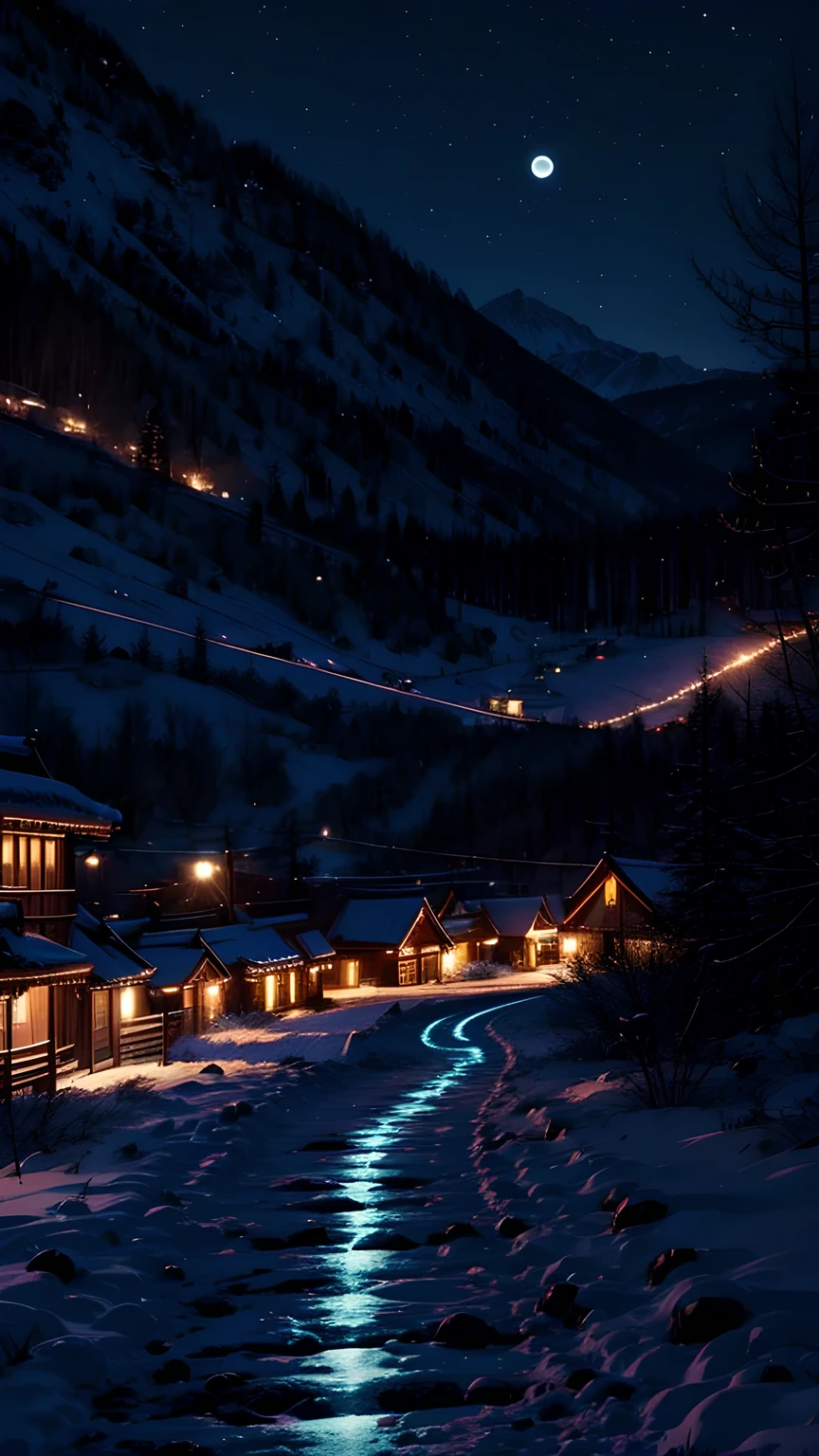 Snow,village,night,moon,Look up,Maximum resolution,The most beautiful scenery。