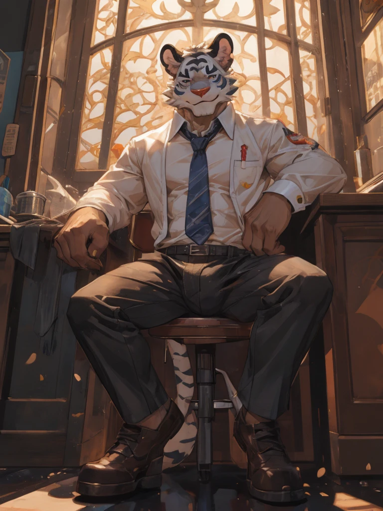 {{bara extremely handsome white tiger,}} {{white fur,}} white, wearing elegant ornate suit, trousers, white dress shirt and necktie, white fluffy furry body and limbs, loafers, very tall, very broad shoulders, narrow waist, muscular arms, massive pecs, purple eyes, very long legs, sitting on swivel chair with legs spread, from below perspective, massive bulge, sophisticated hot look, sexy pose, full body, sunlight casting over, 3/4 view, best quality, high quality, silver earring on left ear, sultry smirk
