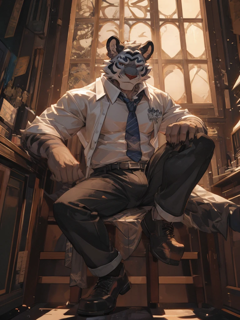 {{bara extremely handsome white tiger,}} {{white fur,}} white, wearing elegant ornate suit, trousers, white dress shirt and necktie, white fluffy furry body and limbs, loafers, very tall, very broad shoulders, narrow waist, muscular arms, massive pecs, purple eyes, very long legs, sitting on swivel chair with legs spread, from below perspective, massive bulge, sophisticated hot look, sexy pose, full body, sunlight casting over, 3/4 view, best quality, high quality, silver earring on left ear, sultry smirk