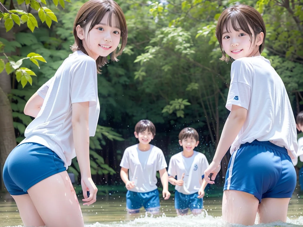 In the forest、Swimming in the river、Cool and refreshing water、Cute boy、Popular actors、10Year old boy、The boys are playing、Get wet all over、Noisy boys、Splashing Water、Boy in gym clothes、The bottom of the white T-shirt is blue、Blue shorts、Japanese、(Boy 1.4)