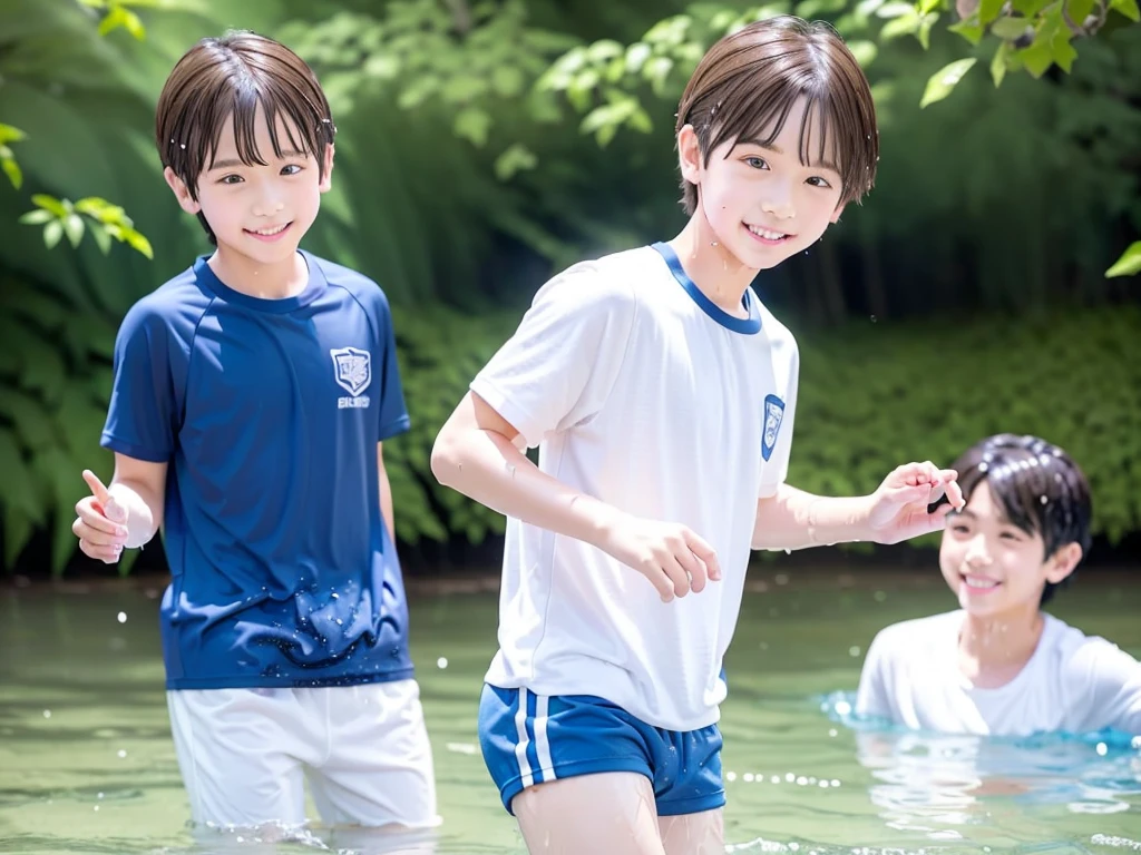 In the forest、Swimming in the river、Cool and refreshing water、Cute boy、Popular actors、10Year old boy、The boys are playing、Get wet all over、Noisy boys、Splashing Water、Boy in gym clothes、The bottom of the white T-shirt is blue、Blue shorts、Japanese、(Boy 1.4)