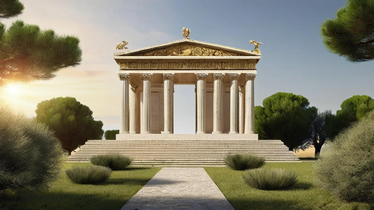 Créer une bannière, representant un temple grec moderne, le soleil, des oliviers autours, l'atome. La bannière doit être élégante et significative. L'Harmonie est importante.