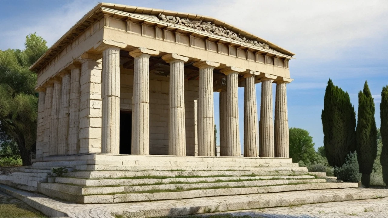 Créer une bannière, representant un temple grec moderne, le soleil, des oliviers autours, l'atome. La bannière doit être élégante et significative. L'Harmonie est importante.