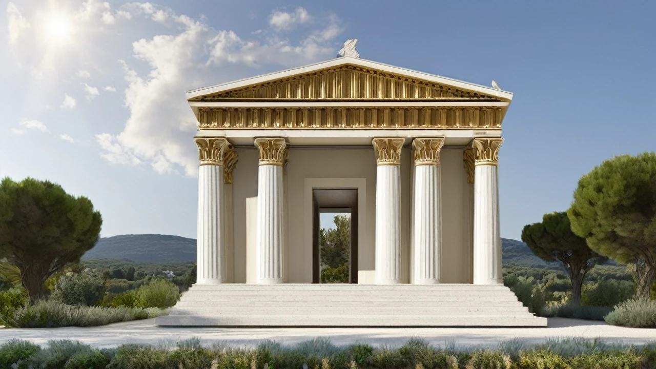 Créer une bannière, representant un temple grec moderne, le soleil, des oliviers autours, l'atome. La bannière doit être élégante et significative. L'Harmonie est importante.