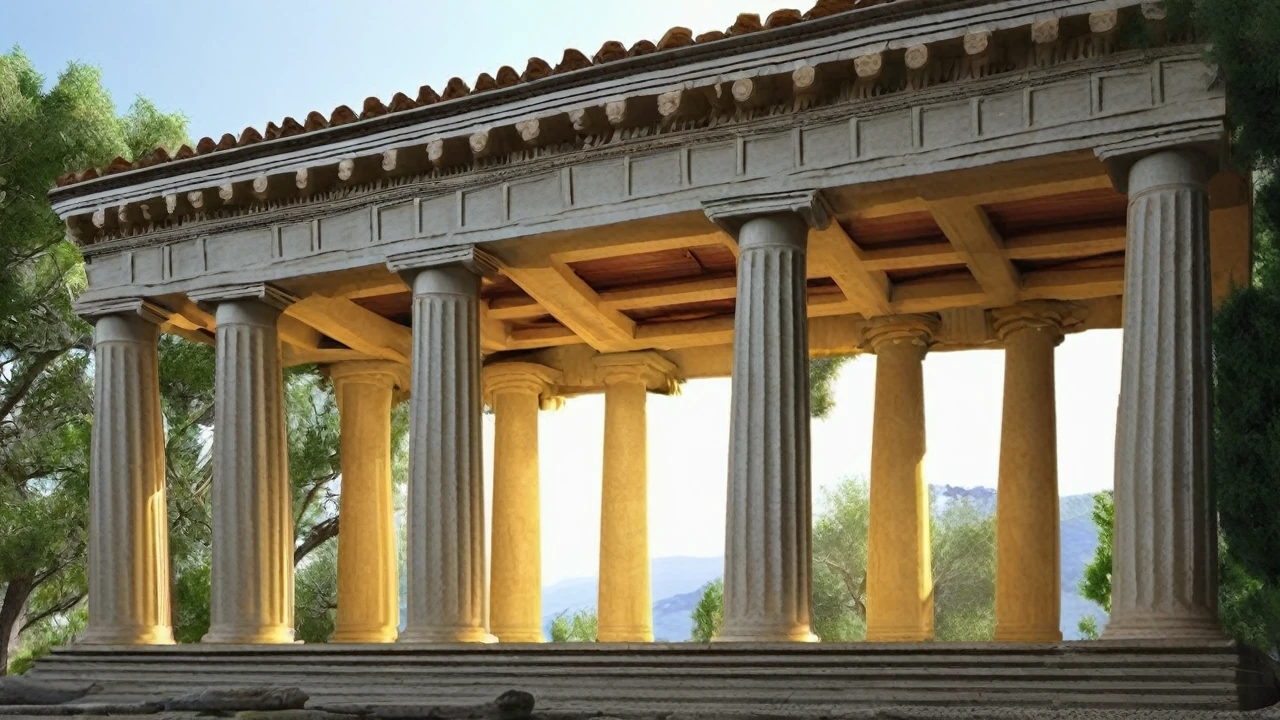 Créer une bannière, representant un temple grec moderne, le soleil, des oliviers autours, l'atome. La bannière doit être élégante et significative. L'Harmonie est importante.