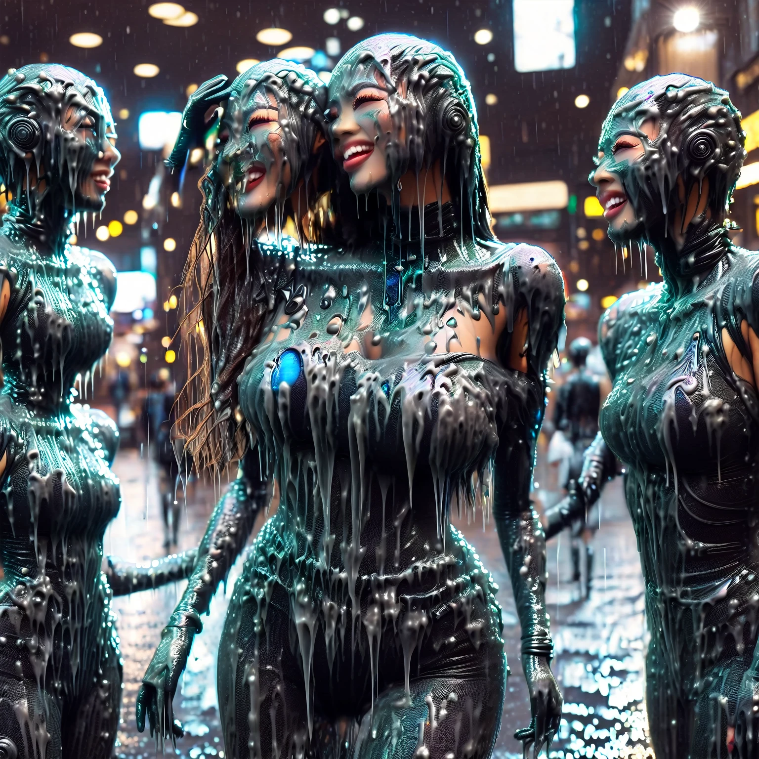 a woman in a wetsuit, posing for a photograph, perfect girl, shiny latex, futuristic latex suit, wear latex, Latex dress, wear a black latex suit, cute girl in a vest, latex outfits, cute cyborg girl, Photorealistic ideal body, shiny black dress, beautiful white cyborg girl, tight outfit, wrap glossy leather, girl kisses girl