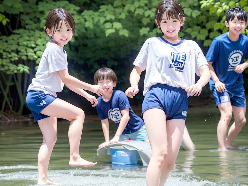 In the forest、Swimming in the river、Cool and refreshing water、Cute boy、Popular  actors、１０Year old boy、The boys are playing、Get wet all over、Noisy boys、Splashing Water、Boy in gym clothes、The bottom of the white T-shirt is blue、Blue shorts、Japanese、（Boy 1.4）