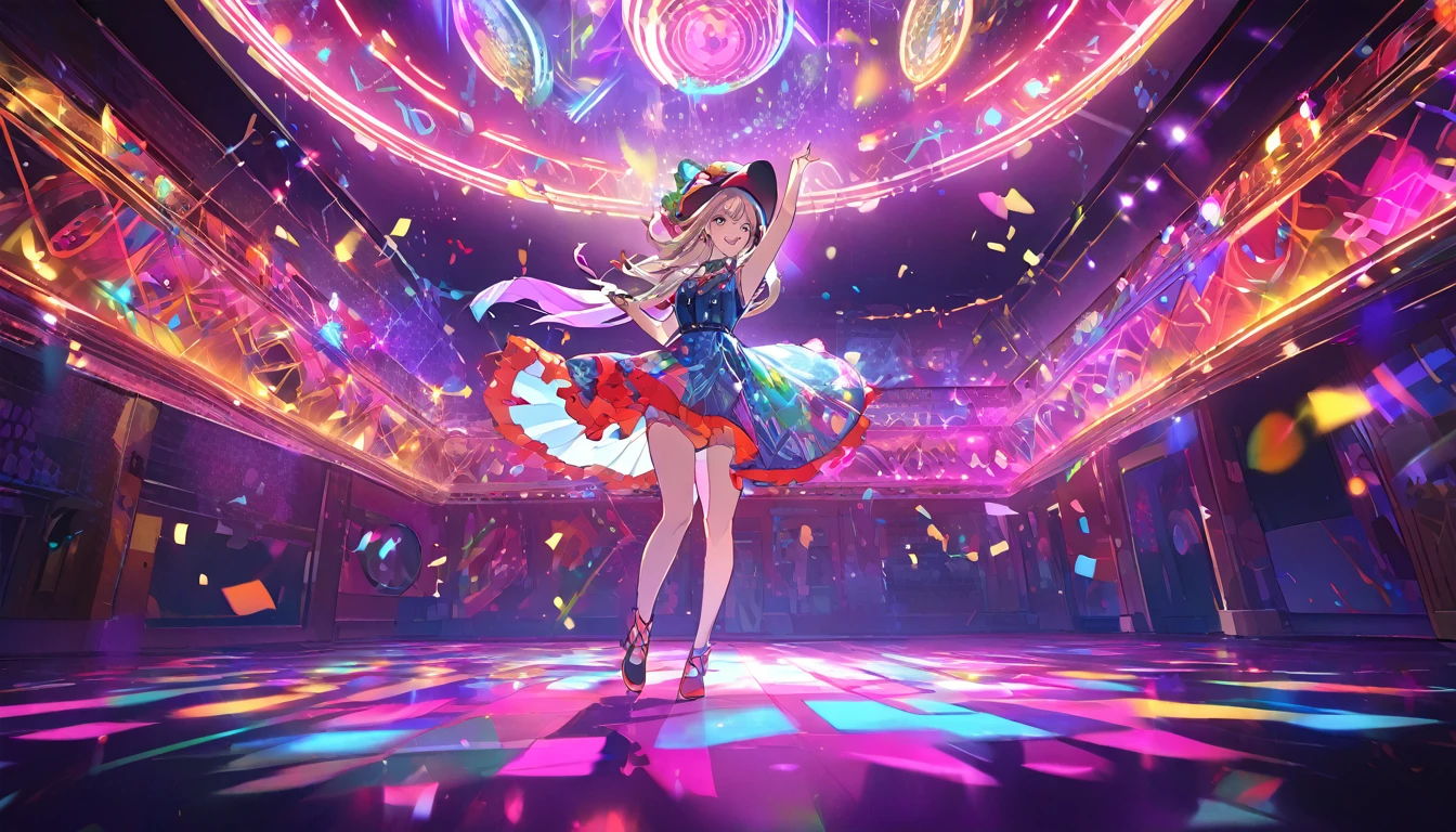 An anime-style vibrant dance hall with only one girl dancing joyfully under colorful lights. The atmosphere is electric, with neon lights and a disco ball casting dynamic patterns across the floor. The girl is dressed in a stylish outfit and wearing a hat, moving energetically to the music. The walls are adorned with bright, colorful decorations, and the overall mood is festive and exhilarating. The dance floor is spacious, and the energy of the single dancer is palpable as she enjoys the night. High quality.